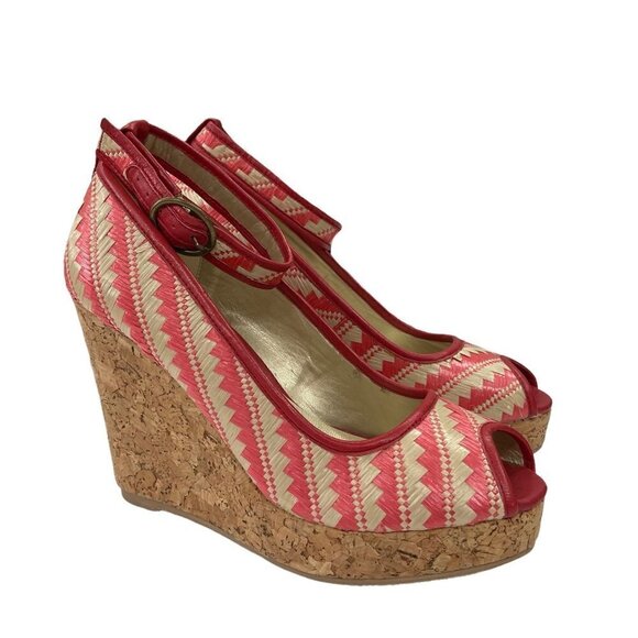 Joyfolie Alma Tangelo Straw Wedge Peep Toe 4.5" Slip On Heel Shoes Womens sz 9.5 - Picture 1 of 8